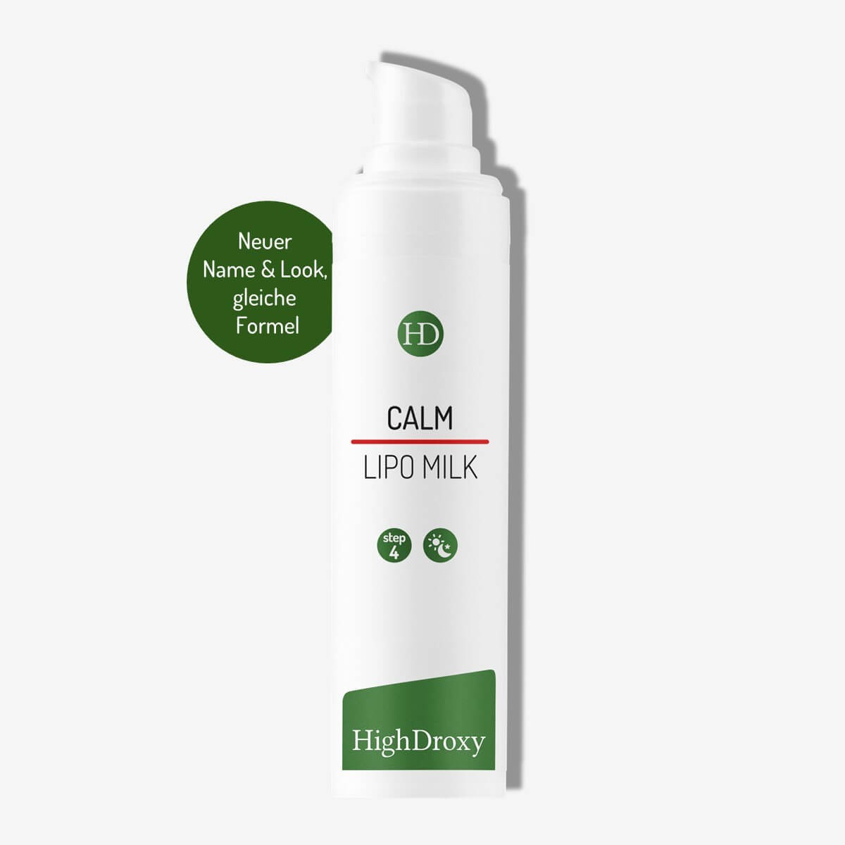 Bottle of Calm Lipo Milk from HighDroxy against gray background.